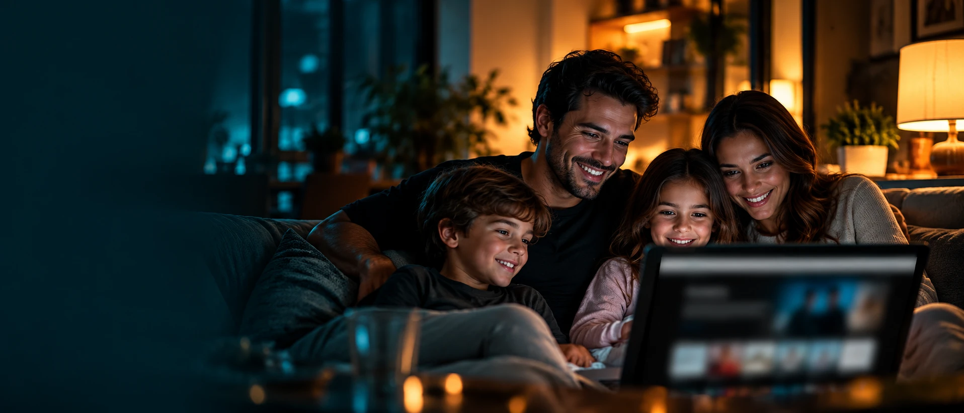 Família feliz usando internet fibra óptica de 1 Giga da SOL Telecom em casa